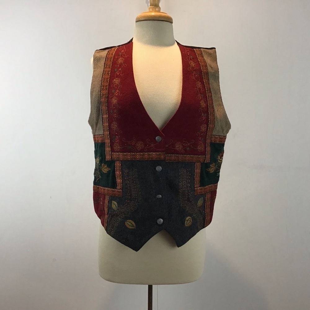 Vintage Wool Embroidered Patchwork Tantrums Vest with ribbon braid trim S large